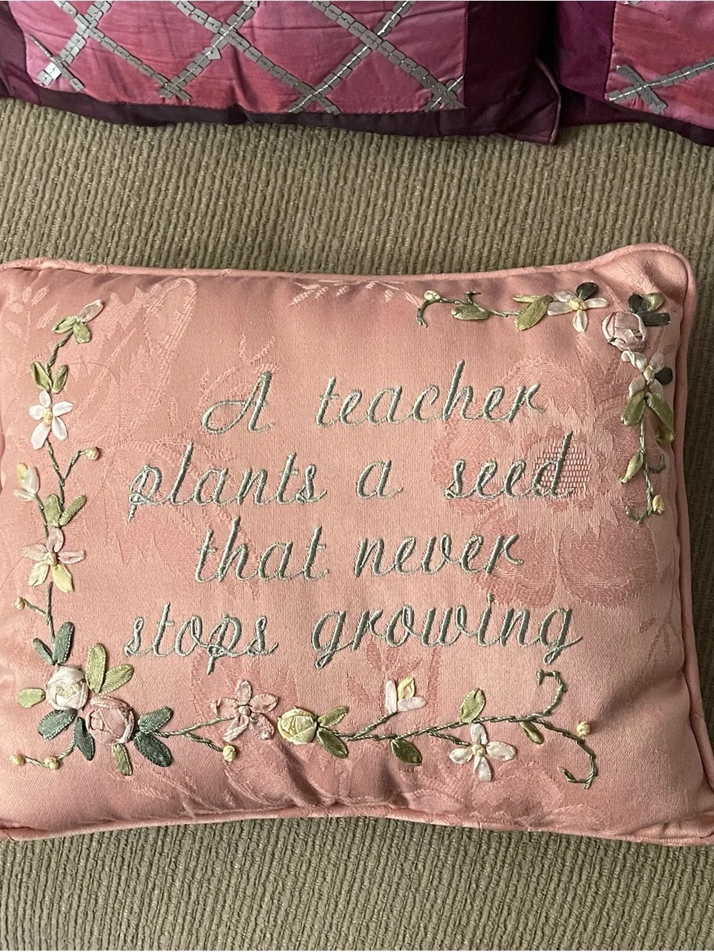 Embroidered Pink Inspirational Accent Pillow - Teacher Quote